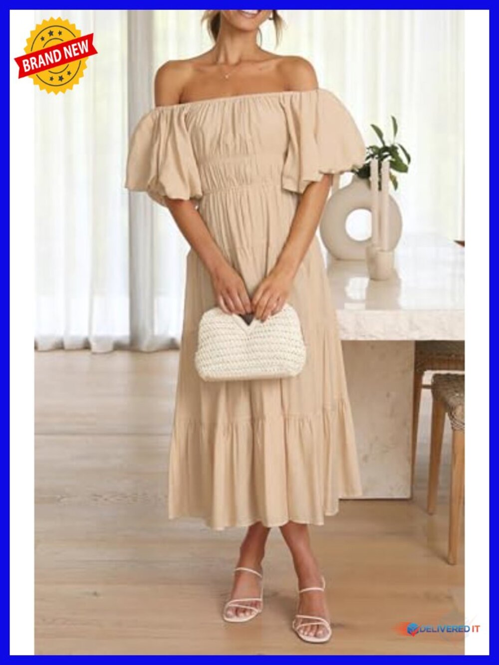 Off Shoulder Puff Sleeve A-Line Midi Dress Ruffle Backless - Picture 3 of 6